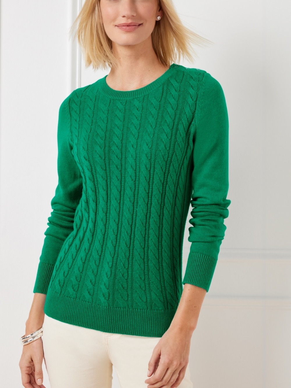 Talbots Emerald Green Cable-Knit Crewneck Sweater Lush Green  S-Petite NWOT